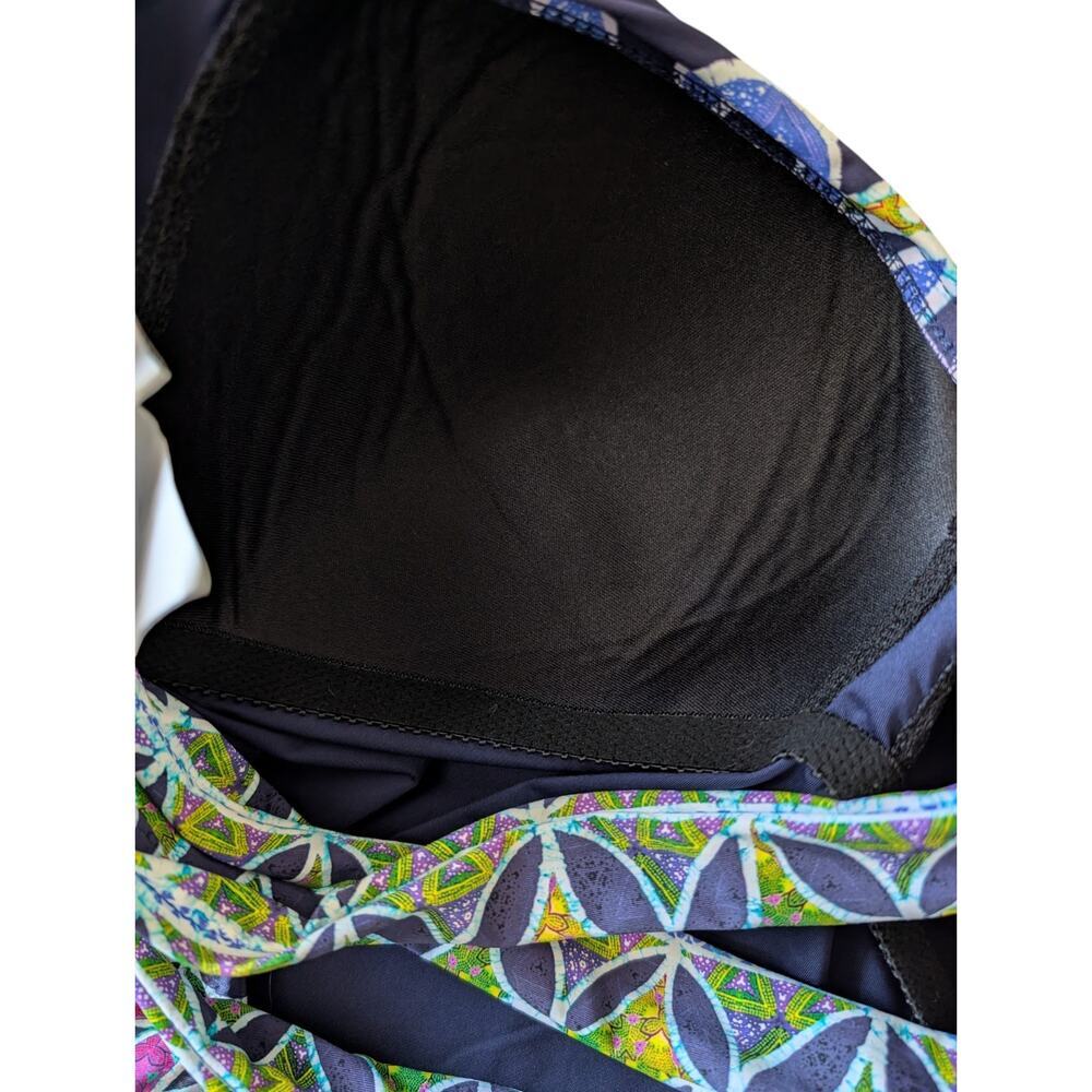 Trina Turk Navy Blue Lotus Batik Bandeau One Piece Swimsuit Size 14 Open Back - Picture 7 of 7